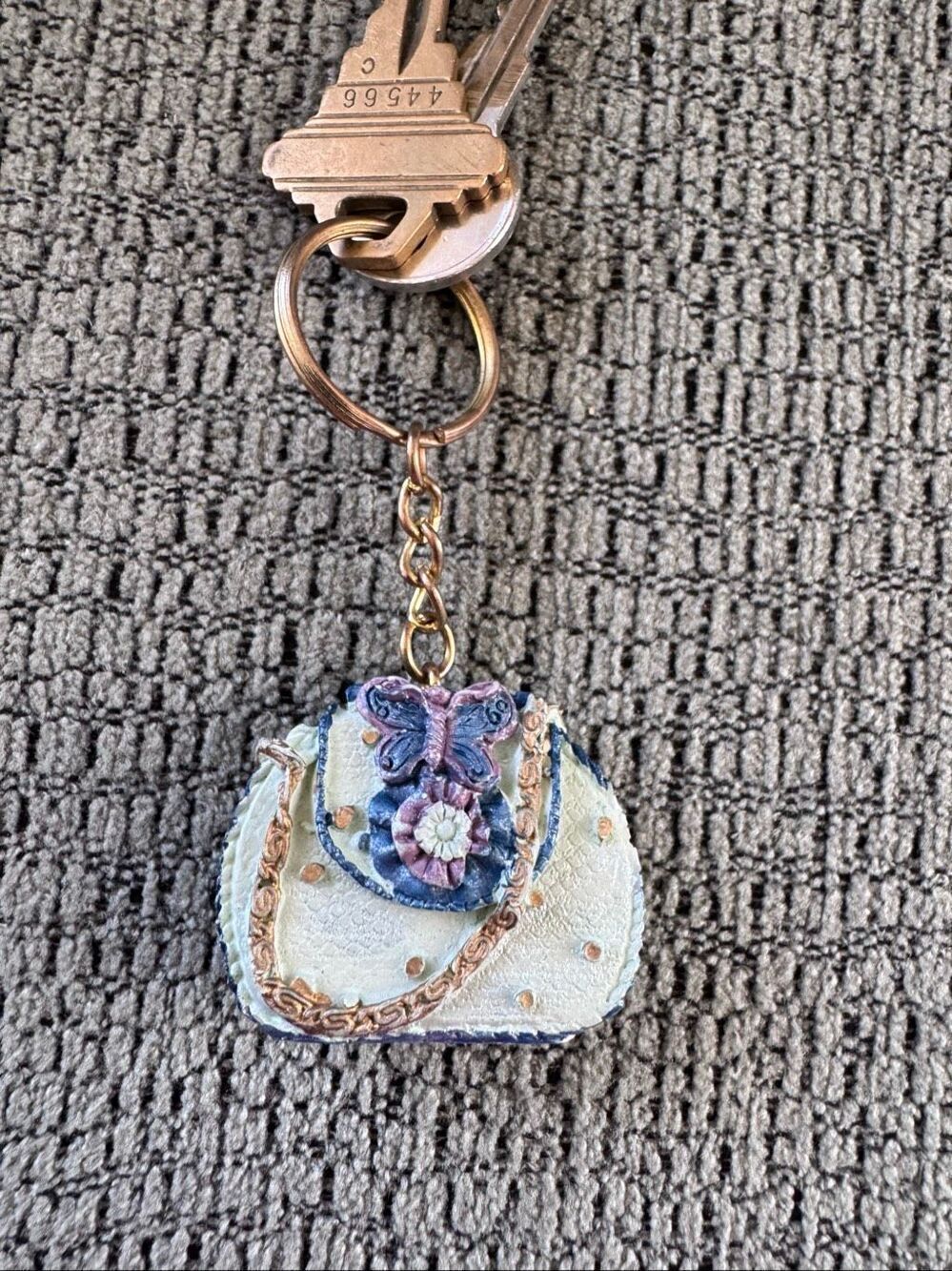 Keychain miniature blue Victorian purse 90s cute dangle tea party granny decor